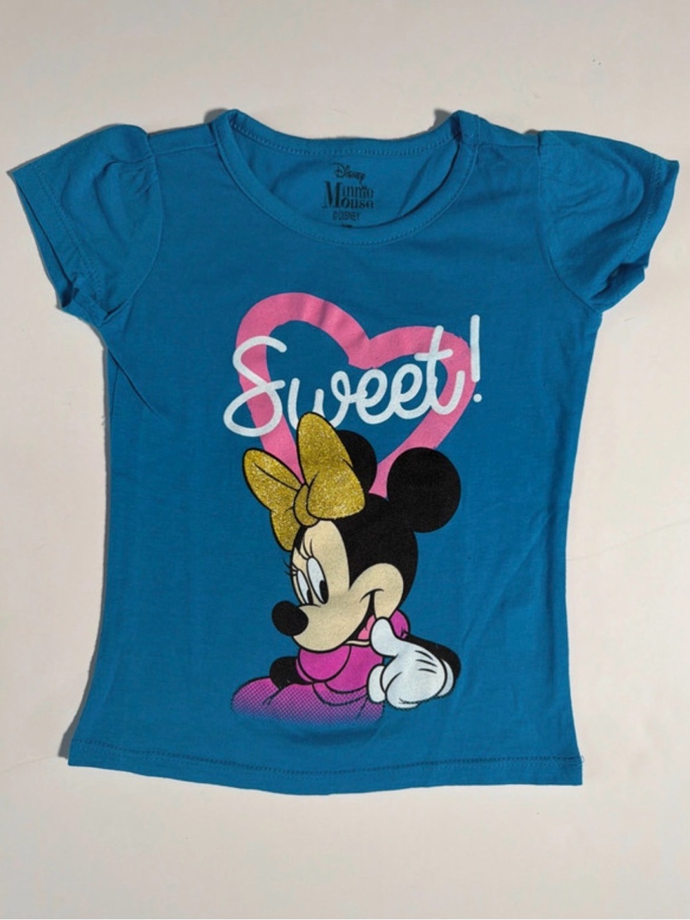 Disney Girls Turquoise Minnie Mouse Graphic Tee with Pink Heart Gold Bow 3T NWOT